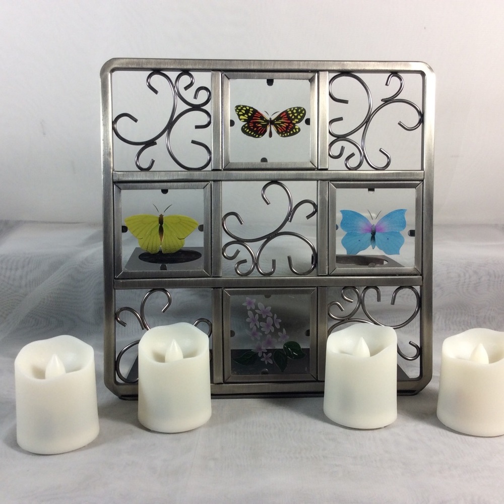 PARTYLITE BUTTERFLY Metal Easel & Etched Glass Tea Light Candleholder + LED